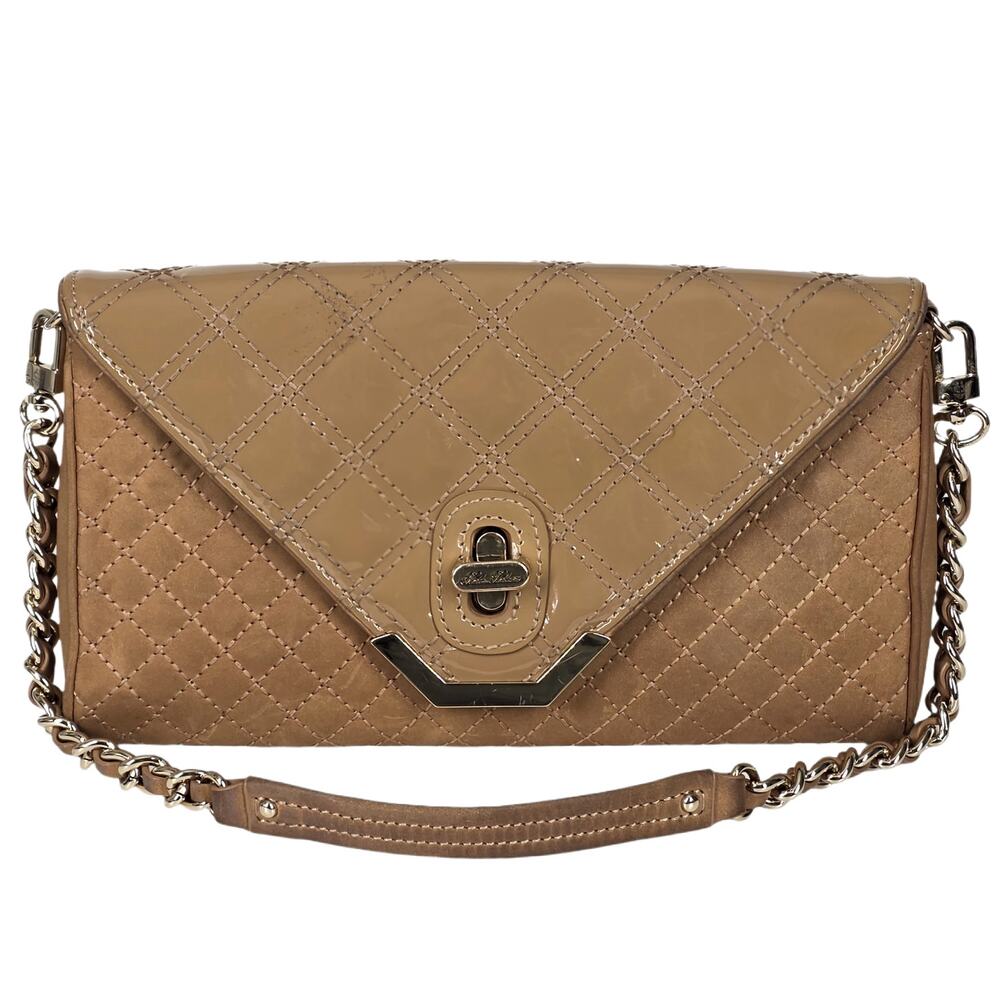 BROOKS BROTHERS TAN QUILTED SUEDE & PATENT LEATHER FLAP SHOULDER BAG – 11" x 6"